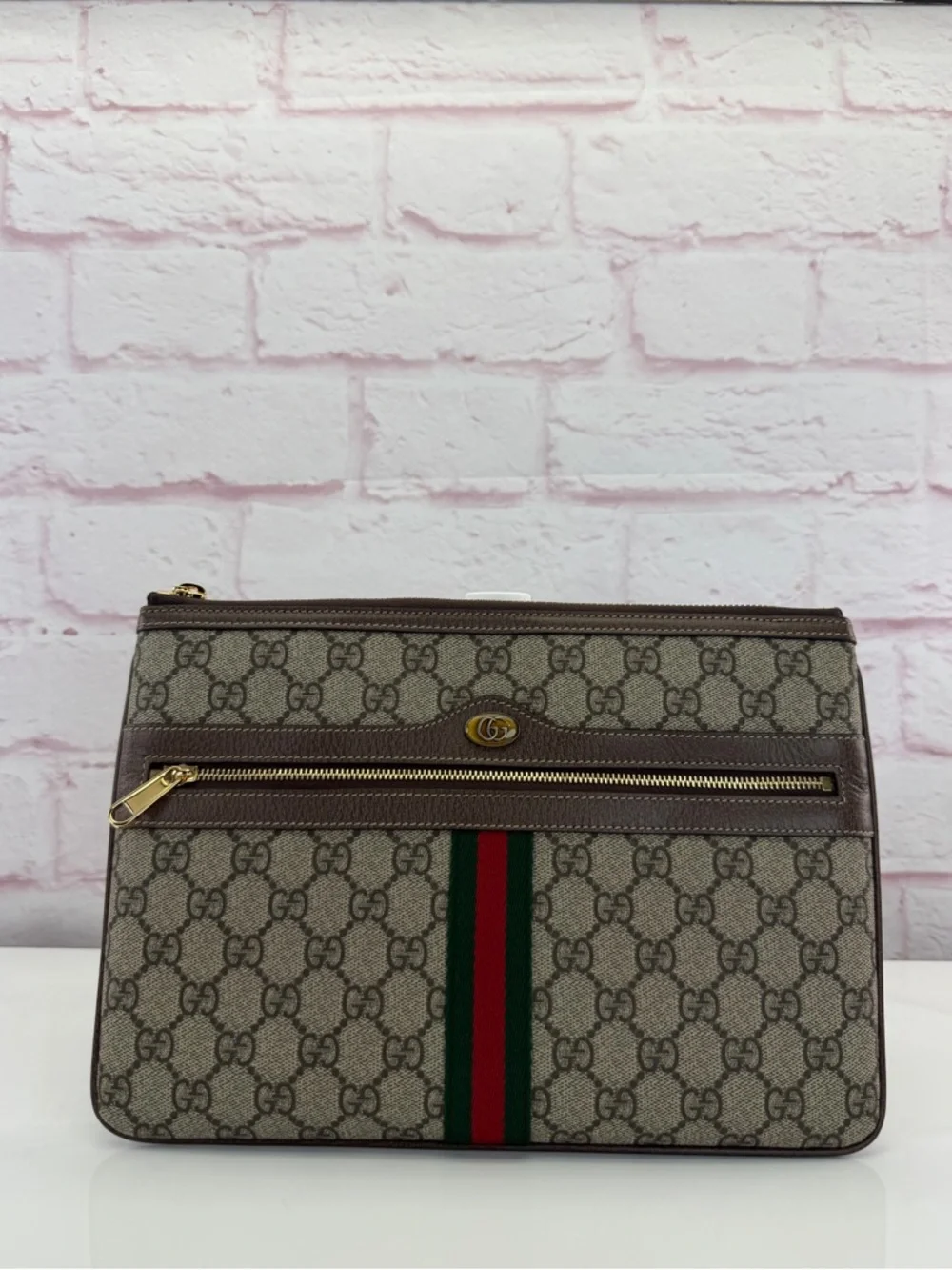 Gucci GG Supreme Ophidia Canvas Pouch Clutch with Web Stripe - Brown/Tan - Picture 2 of 14